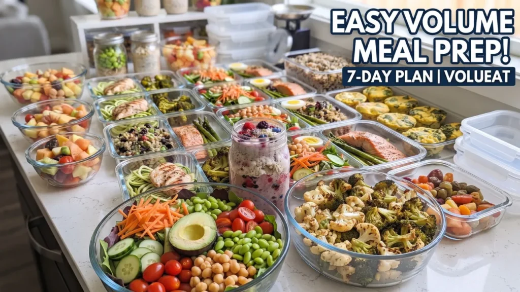 An overhead view of a kitchen counter filled with organized glass meal prep containers of healthy, low-calorie-density foods like large salads, grilled chicken, roasted vegetables, and a berry parfait, showcasing a 7-day volume eating plan.