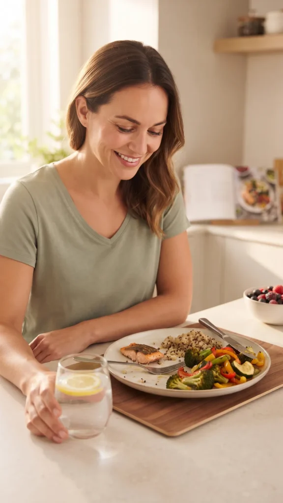A woman feeling full and satisfied after eating a healthy meal of salmon, quinoa, and vegetables.