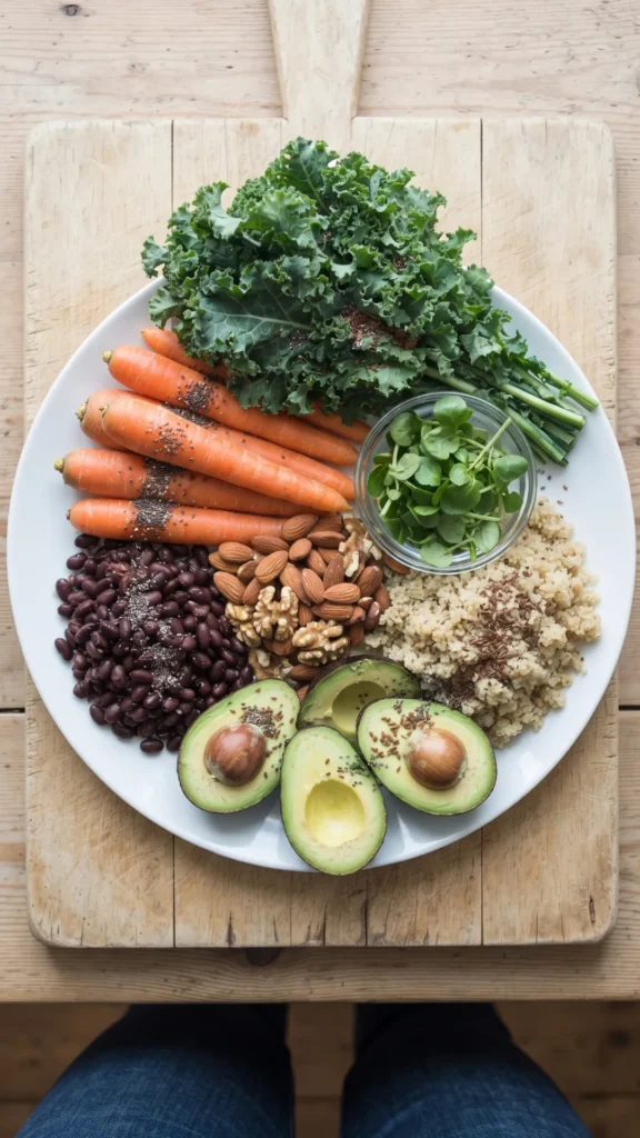 A top-down view of a white plate on a wooden cutting board holds an abundant, fiber-rich arrangement: a bunch of dark leafy kale, five raw carrots sprinkled with seeds, a scoop of cooked black beans, a mix of almonds and walnuts, a glass bowl of watercress, a scoop of quinoa, and three halved avocados with pits.