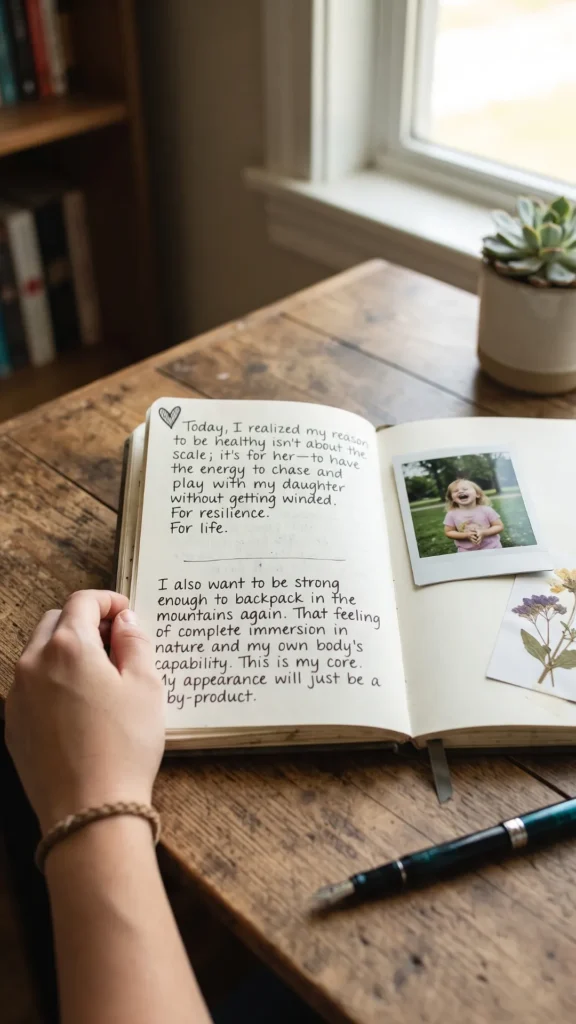 Open journal with handwritten personal reflections and a child's polaroid photo on a wooden table, emphasizing deeper reasons beyond physical appearance.