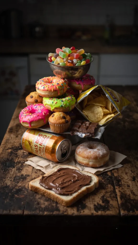 A still-life photograph on a rustic wooden table shows a stack of sugary, processed foods: donuts, muffins, gummy candies, chips, chocolate, a soft drink can, and a chocolate-hazelnut spread sandwich, all under moody lighting to represent foods to avoid.