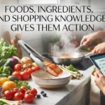 A YouTube thumbnail showing a kitchen counter filled with fresh produce, a person checking a grocery checklist on a tablet, and someone cooking while the main title reads "Foods, Ingredients, and Shopping Knowledge: Gives Them Action".