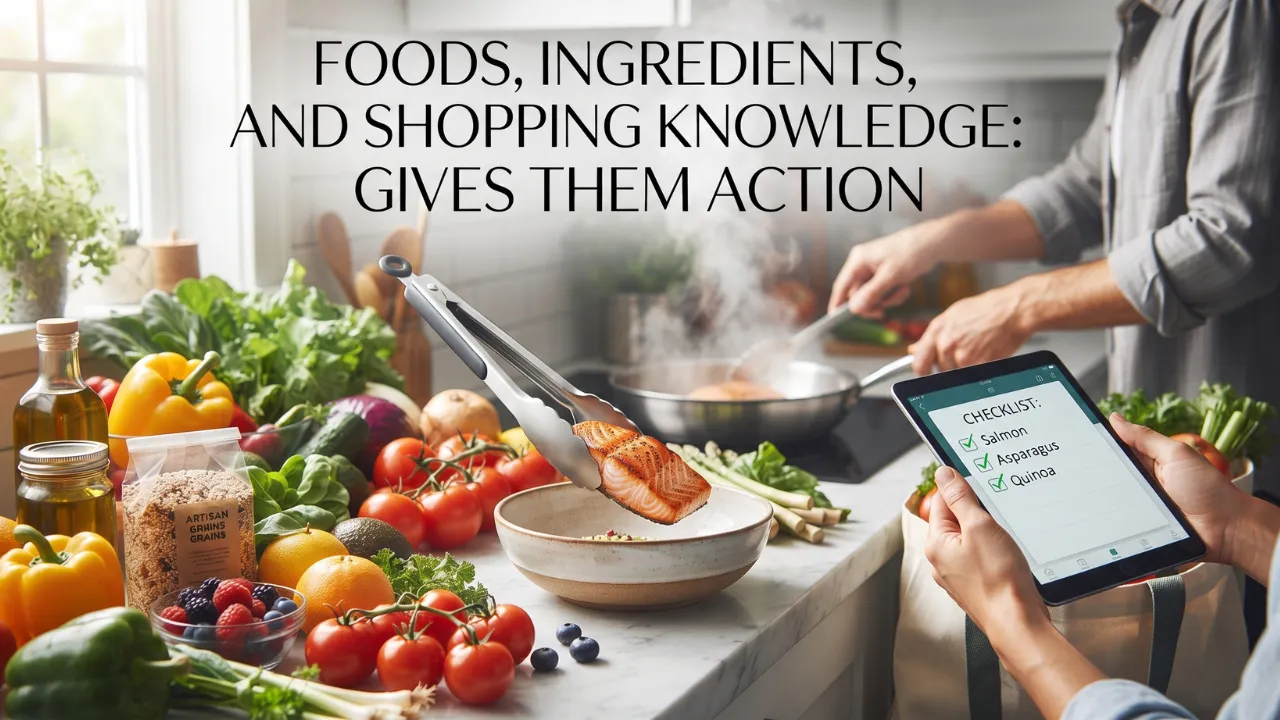 A YouTube thumbnail showing a kitchen counter filled with fresh produce, a person checking a grocery checklist on a tablet, and someone cooking while the main title reads "Foods, Ingredients, and Shopping Knowledge: Gives Them Action".
