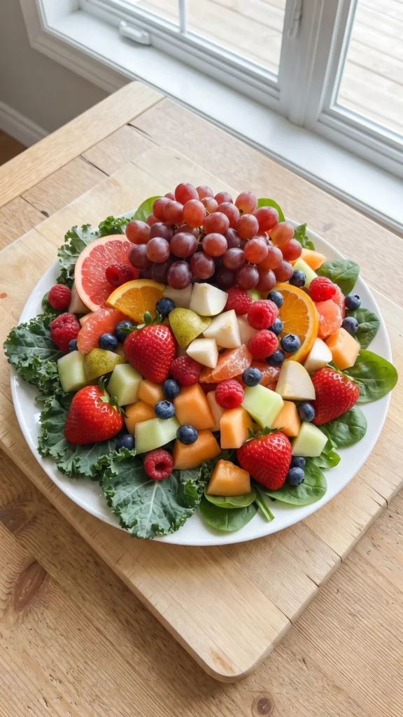 A close-up photograph of a vibrant fruit salad plate on a wooden table near a window, featuring a large bunch of red grapes on top of a bed of mixed melon cubes (cantaloupe, honeydew), strawberries, blueberries, raspberries, and orange slices, garnished with kale and spinach