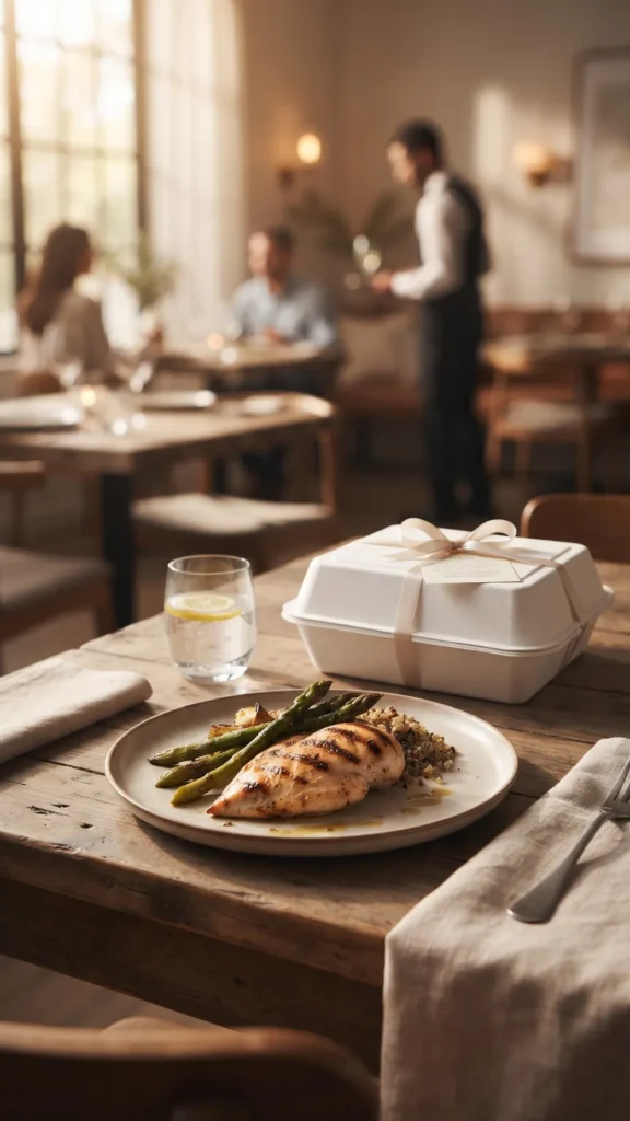 A dining table in a warm restaurant setting shows a healthy grilled chicken and asparagus meal with a closed take-away box and a glass of lemon water. In the background, blurry patrons and a waiter are visible.