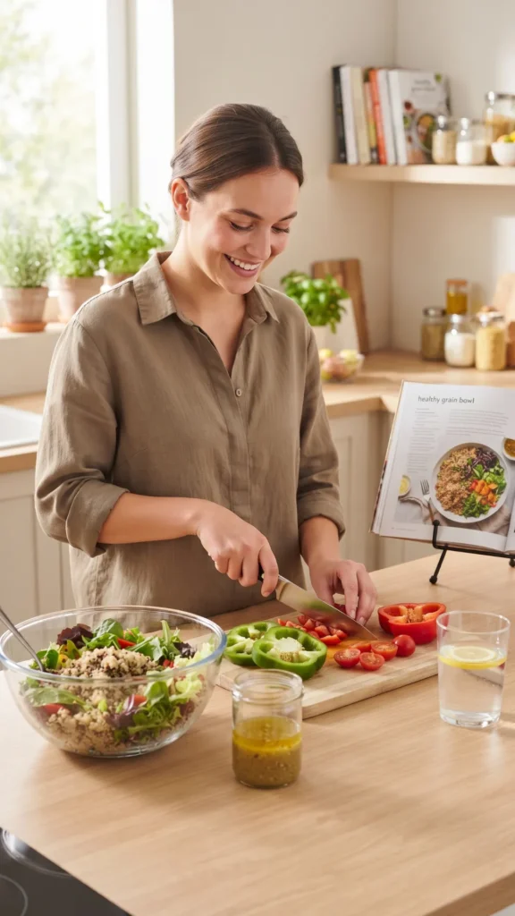 Woman happily preparing a healthy salad and quinoa bowl,