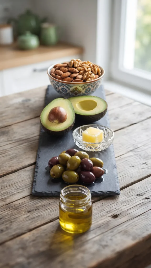 A selection of healthy fats, including almonds, walnuts, avocado, ghee, olives, and olive oil, on a wooden table.