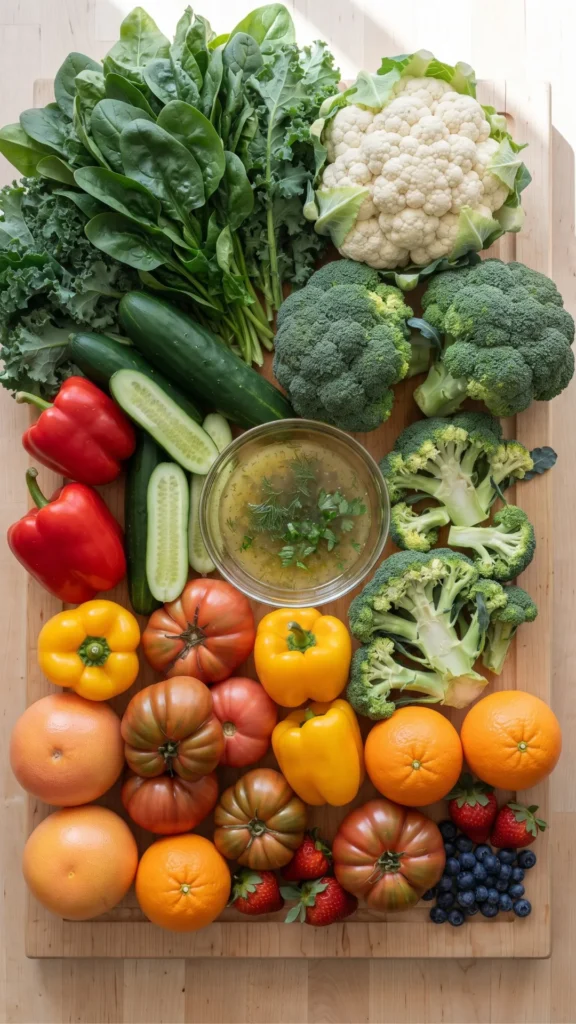 An overhead view of a wooden cutting board covered with a vibrant assortment of fresh vegetables and fruits, including leafy greens, cauliflower, broccoli, cucumbers, bell peppers, tomatoes, oranges, grapefruits, strawberries, and blueberries, with a central glass bowl of vinaigrette.