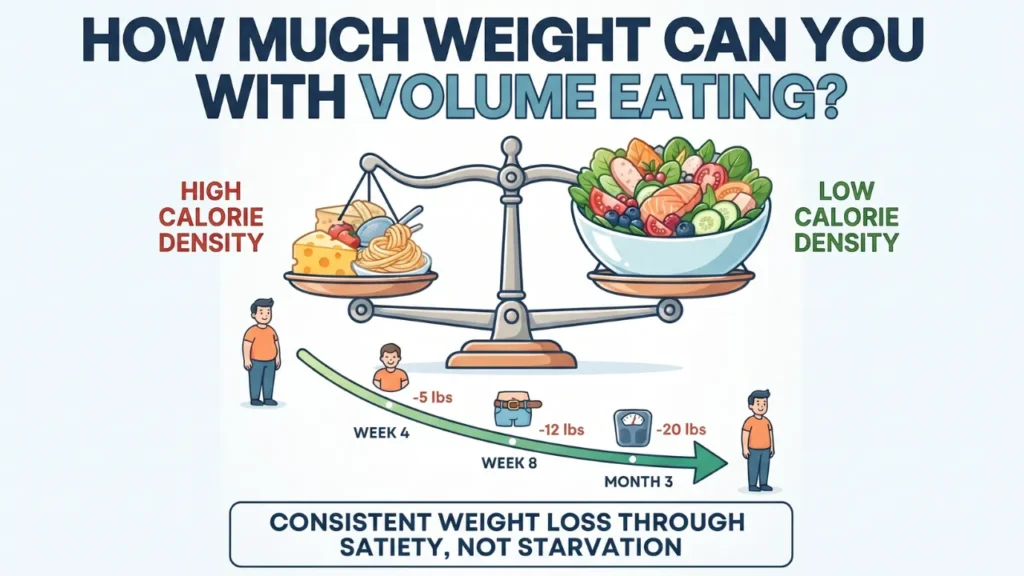 Infographic titled "HOW MUCH WEIGHT CAN YOU LOSE WITH VOLUME EATING?" with a balance scale comparing high and low calorie density foods, a weight loss timeline with illustrative figures showing progress from Week 4 to Month 3, and a final message about consistent weight loss through satiety.