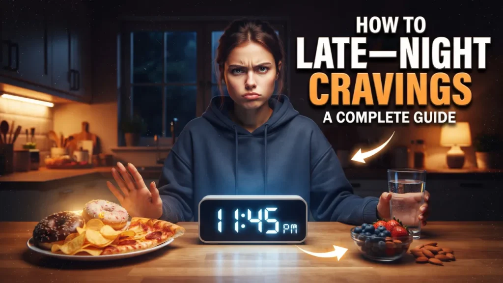 YouTube thumbnail for "How to Stop Late-Night Cravings: A Complete Guide" showing a person resisting unhealthy snacks at 11:45 PM in favor of healthy alternatives.