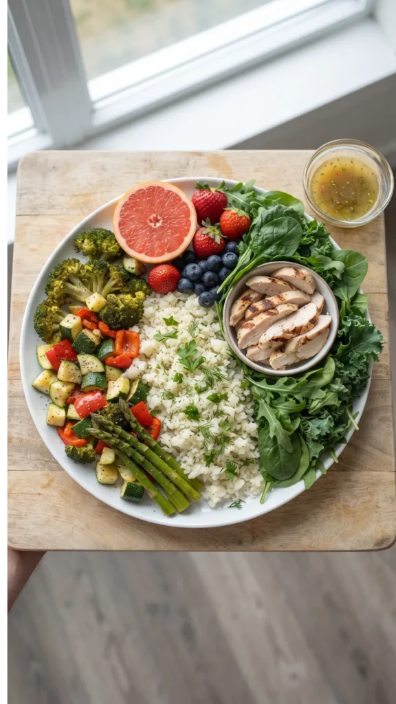 A top-down view of a white plate on a wooden surface, featuring grilled chicken breast strips in a small bowl, a large mound of cauliflower rice, roasted zucchini and bell peppers, steamed asparagus, a halved grapefruit, and a mix of fresh strawberries and blueberries, with a side of vinaigrette.