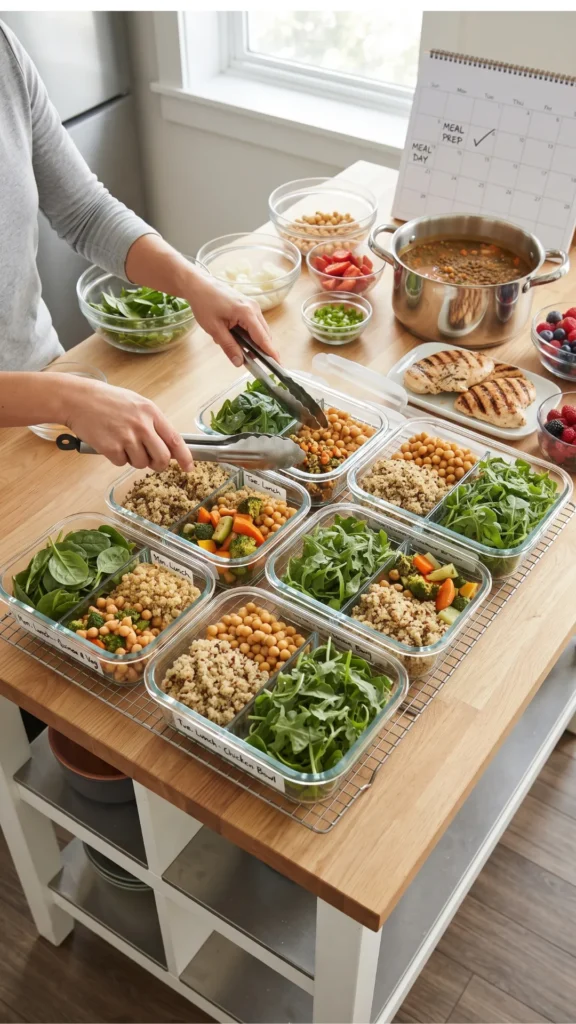Person meal-prepping a week's worth of quinoa, chickpea, and spinach bowls in labeled glass containers on a wooden kitchen island.