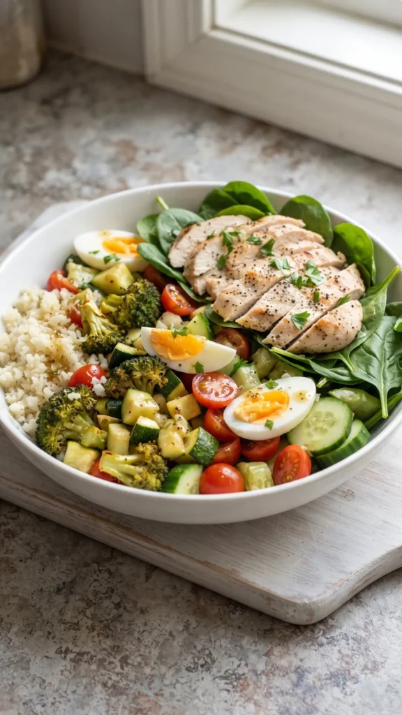 A close-up shot of a balanced, colorful meal in a white bowl, featuring a bed of spinach, a scoop of couscous, and a colorful mix of roasted broccoli and diced zucchini. The salad is topped with sliced grilled chicken breast and several soft-boiled egg halves, all on a wooden cutting board by a window.