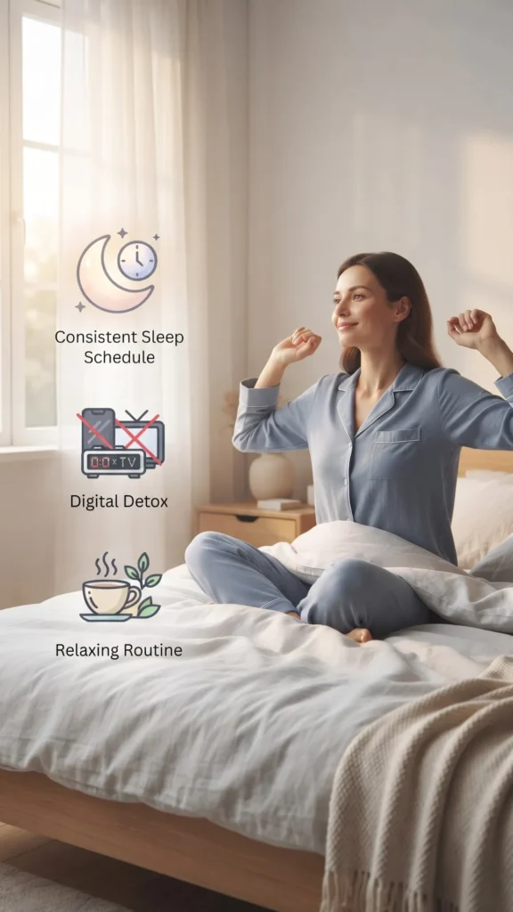 Woman in blue pajamas sitting up and stretching in bed, with three vertical sleep tips icons and text to the left.