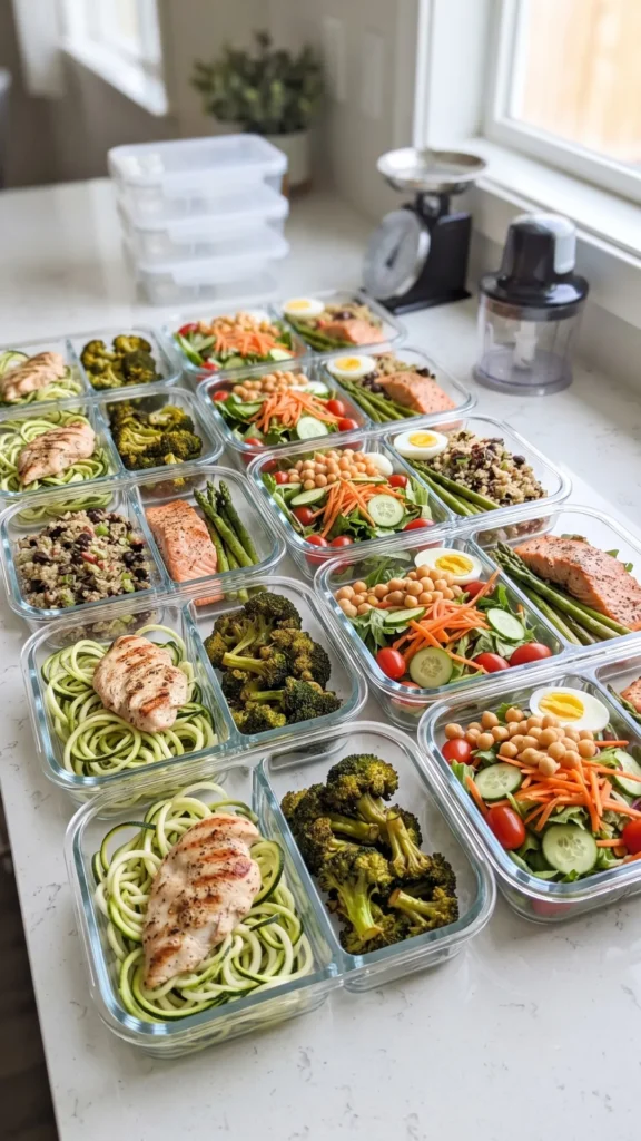 Divided glass meal prep containers are organized on a kitchen counter, filled with meals featuring grilled chicken with zucchini noodles, roasted broccoli, and salads with chickpeas, sliced cucumber, carrots, tomatoes, and hard-boiled eggs.