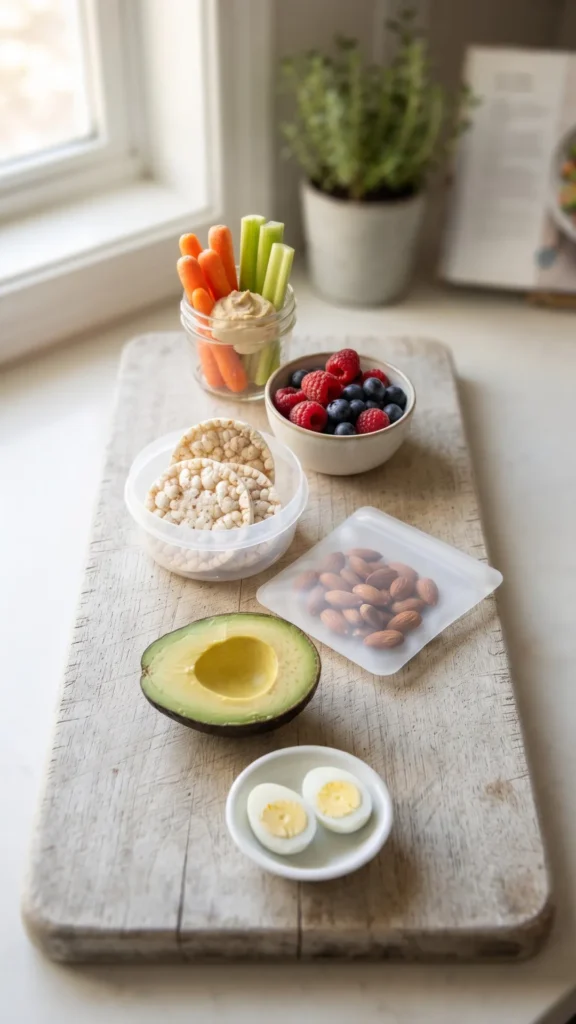 Overhead view of pre-portioned low-calorie snacks on a wooden board, including carrots, celery, hummus, berries, rice cakes, avocado, and hard-boiled eggs.