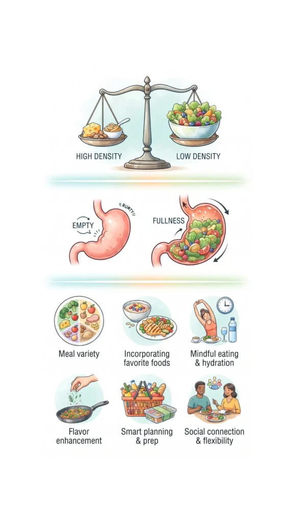 Infographic titled "Making Volume Eating Sustainable Long-Term" with illustrations comparing high-density vs. low-density foods on scales, demonstrating stomach emptiness vs. fullness, and listing tips like meal variety and planning.