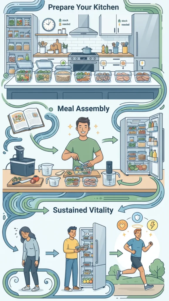 An infographic illustrating a complete meal preparation system, showing steps for kitchen organization, meal assembly with portion control, and the resulting long-term vitality and fitness.