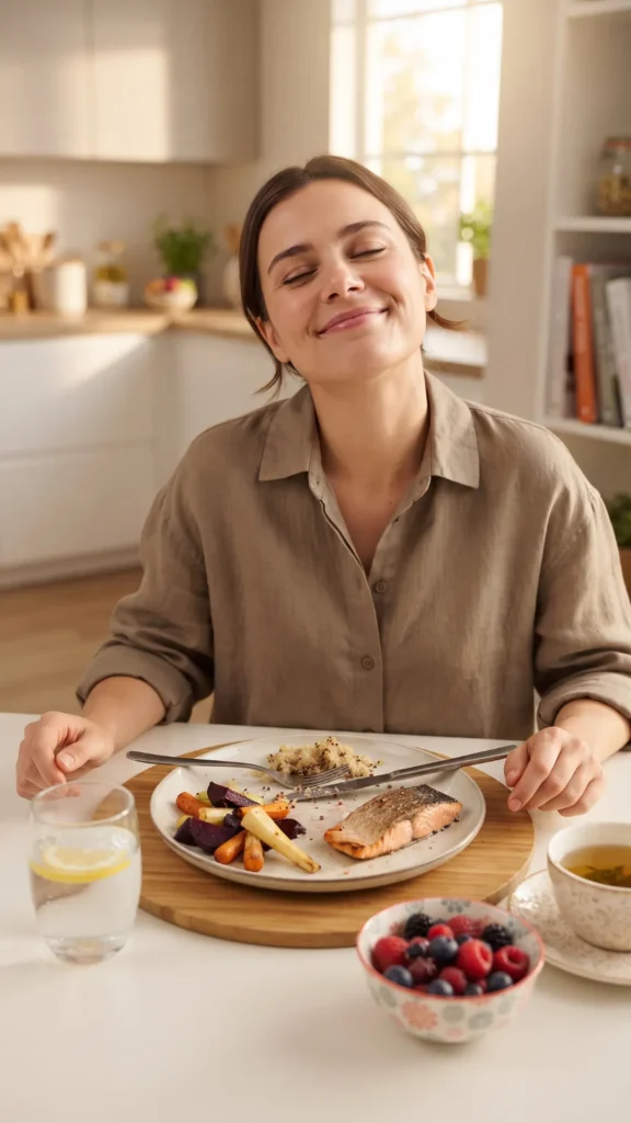 A smiling woman enjoying a balanced, nutritious dinner of salmon, quinoa, and roasted vegetables, feeling deeply satisfied.