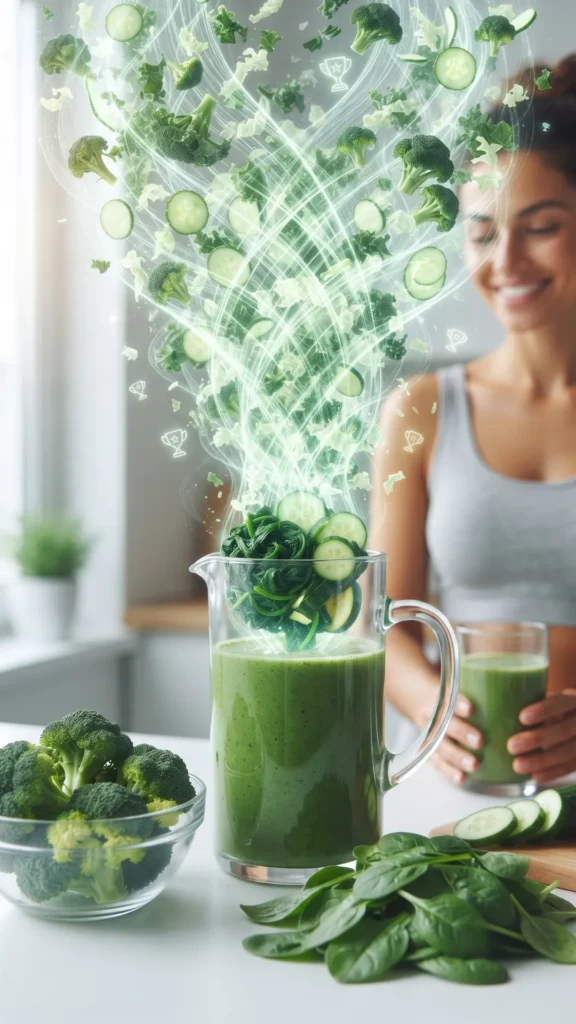 A smiling woman in a kitchen with a swirling, magical vortex of broccoli and cucumbers above a blender pitcher full of green smoothie.