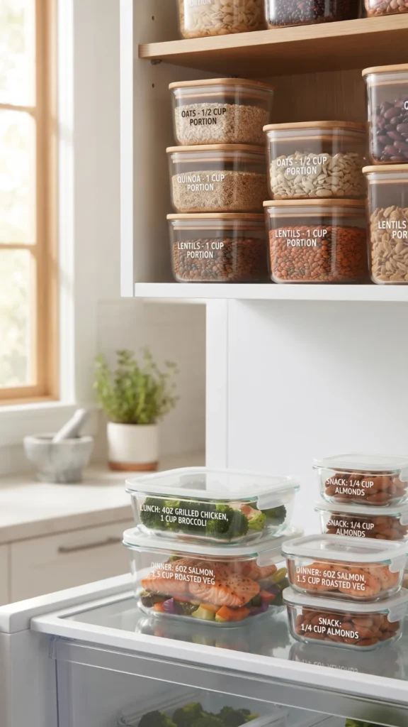 Pantry and refrigerator with clear, labeled, pre-portioned food containers.