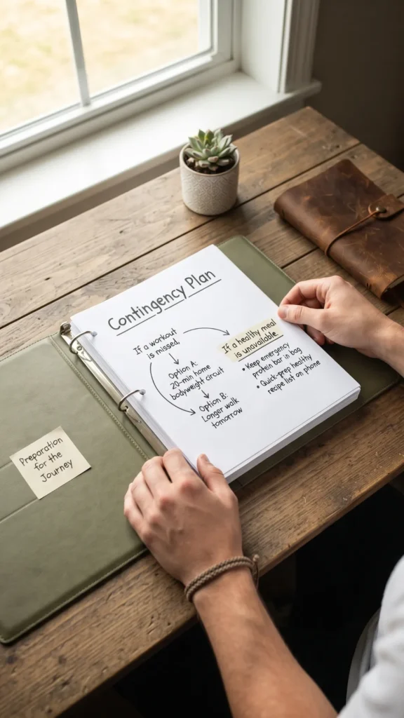 Open binder on a wooden desk showing a handwritten contingency plan with workout alternatives and backup meals, illustrating how to prepare for setbacks before they happen.