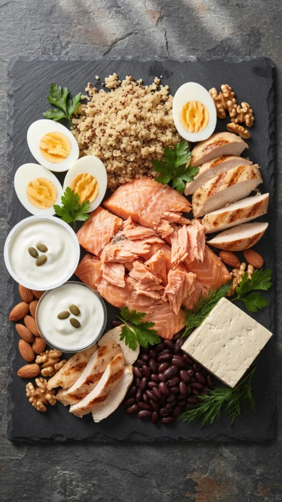 An overhead photograph of a dark slate board featuring a variety of protein-rich foods including cooked salmon, grilled chicken, hard-boiled eggs, quinoa, black beans, tofu, Greek yogurt, almonds, and walnuts, garnished with parsley and dill.