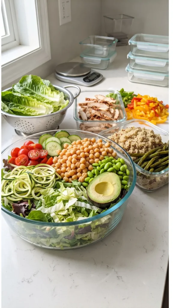 A large, clear glass bowl overflowing with a fresh, voluminous salad containing chickpeas, halved avocado, edamame, cucumber slices, cherry tomatoes, spiralized zucchini, shredded carrots, and mixed greens. Separate glass containers hold quinoa and green beans.