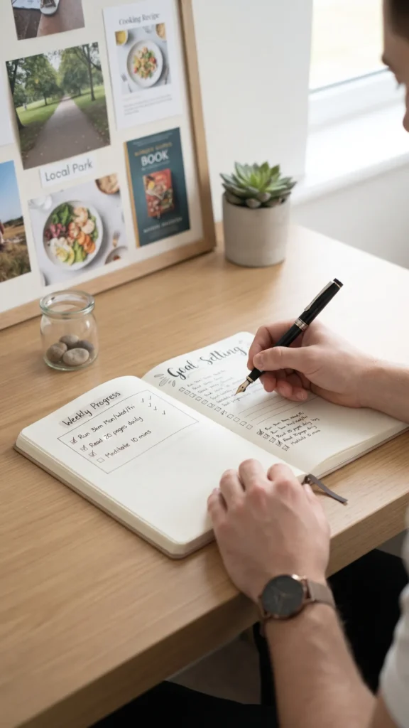 Person sitting at a wooden desk writing realistic goal lists in an open notebook, with a mood board and plant in the background.