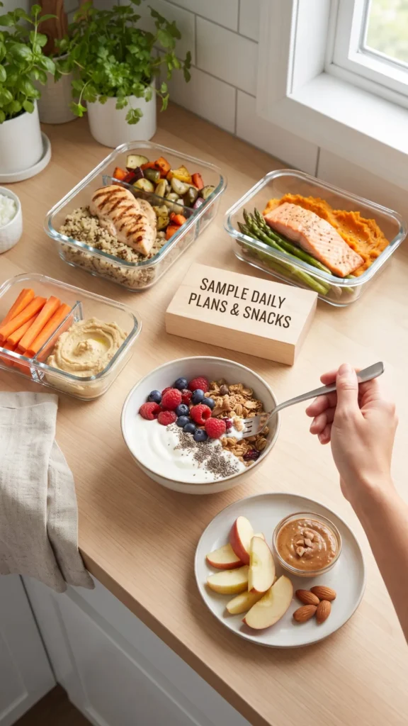 High-angle photograph of a curated arrangement of healthy meal prep containers, a yogurt bowl, and snacks on a kitchen counter, illustrating a sample daily food plan.