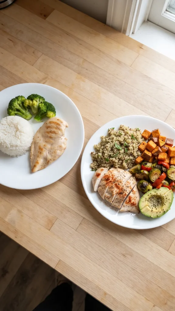 An overhead photograph shows two white plates on a wooden counter. The left plate contains plain grilled chicken breast, steamed broccoli florets, and a scoop of white rice. The right plate holds sliced paprika-dusted grilled chicken, quinoa, roasted sweet potatoes, Brussels sprouts with red peppers, and half an avocado with seeds.