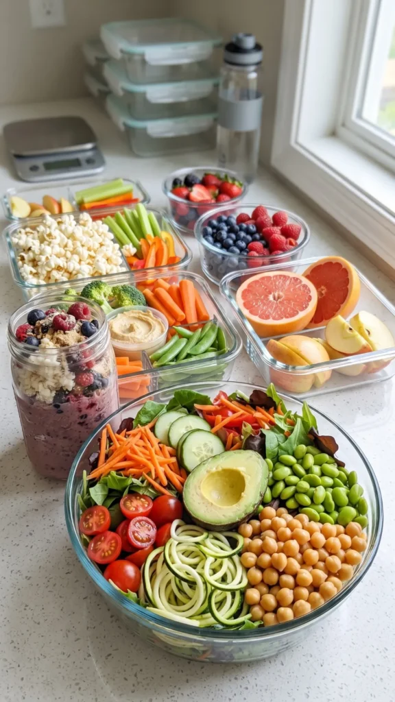 Healthy, high-volume snack options prepped in clear containers: hummus, baby carrots, sugar snap peas, celery sticks, edamame, cucumber slices, cherry tomatoes, popcorn, mixed berries, grapefruit