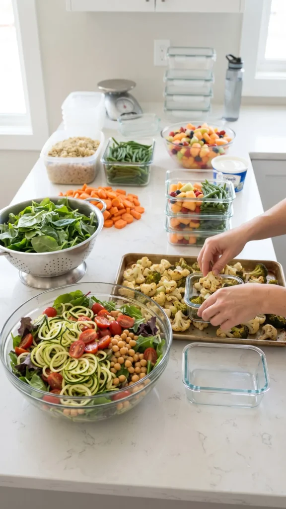 A kitchen counter is organized for meal prep with many clear containers holding various foods, including spinach, quinoa, green beans, chopped carrots, cherry tomatoes, melon salad, roasted cauliflower and broccoli, and a large salad of chickpeas and zucchini noodles. A person is shown portioning roasted vegetables into a container.