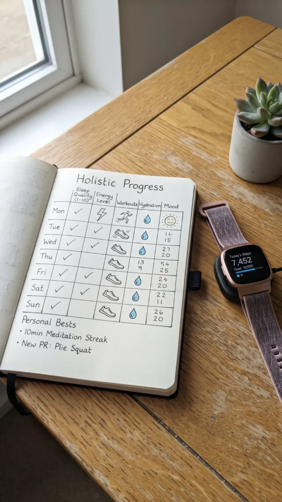 Open journal displaying a handwritten holistic progress tracker and a smartwatch on a wooden desk.