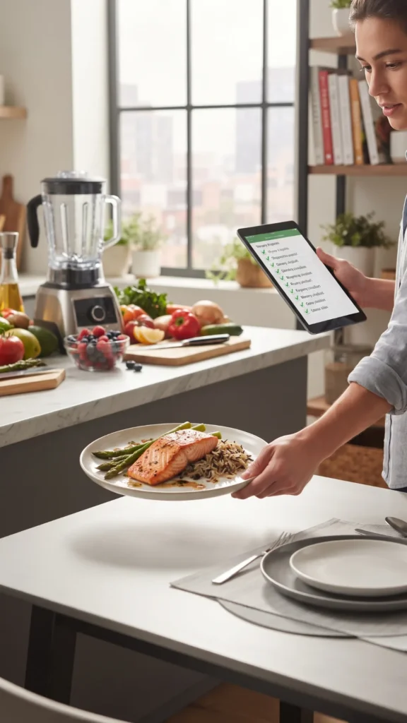 A person in a modern kitchen holds a digital tablet showing a grocery checklist and places a plate with a cooked salmon and asparagus meal onto a dining table.