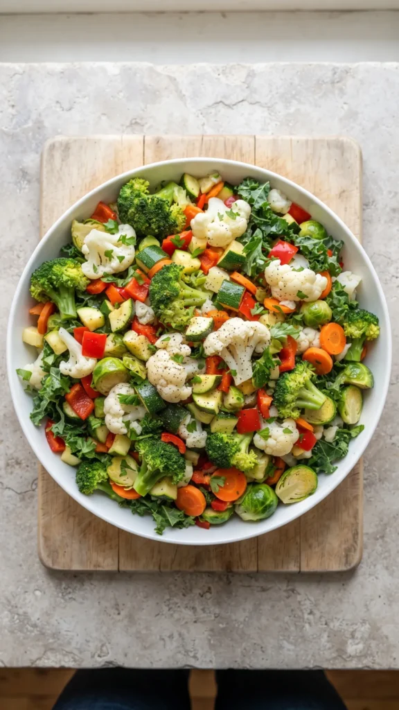 A top-down photograph shows a large white bowl filled with a colorful mix of roasted vegetables including cauliflower, broccoli, zucchini, carrots, red bell peppers, and Brussels sprouts, seasoned with herbs and spices, resting on a wooden board on a stone surface.