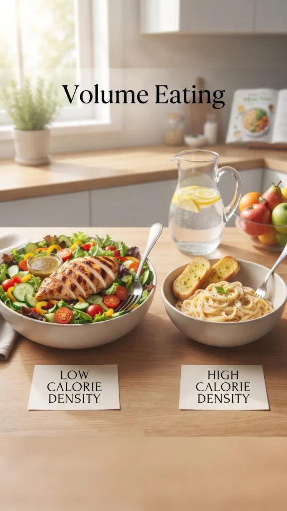 Volume eating comparison showing a large bowl of low-calorie density salad with chicken alongside a smaller bowl of high-calorie density pasta.