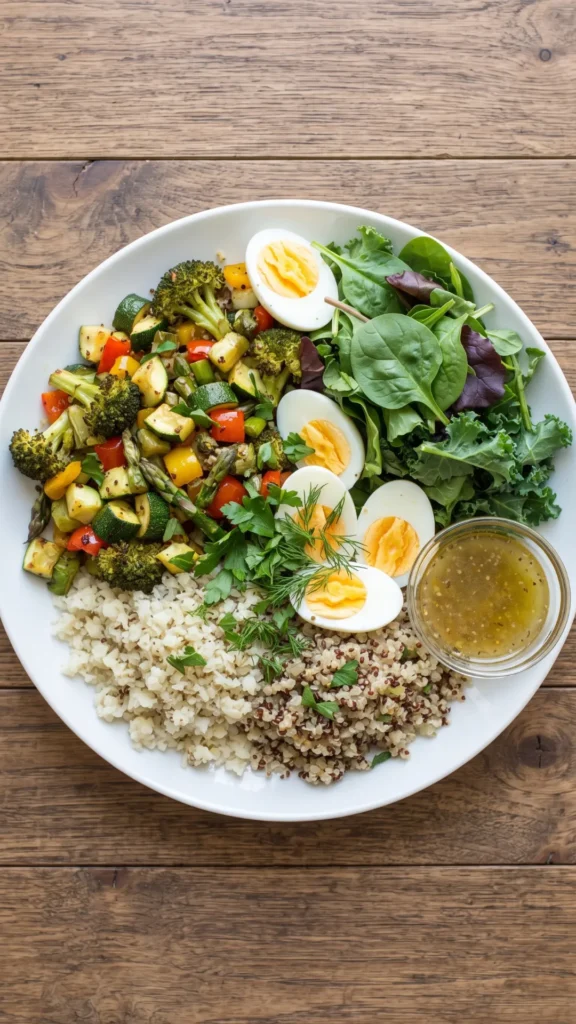 A large white bowl filled with volume-eating foods, including roasted vegetables, fresh greens, hard-boiled eggs, cauliflower rice, quinoa, and a small side of dressing on a wooden table.