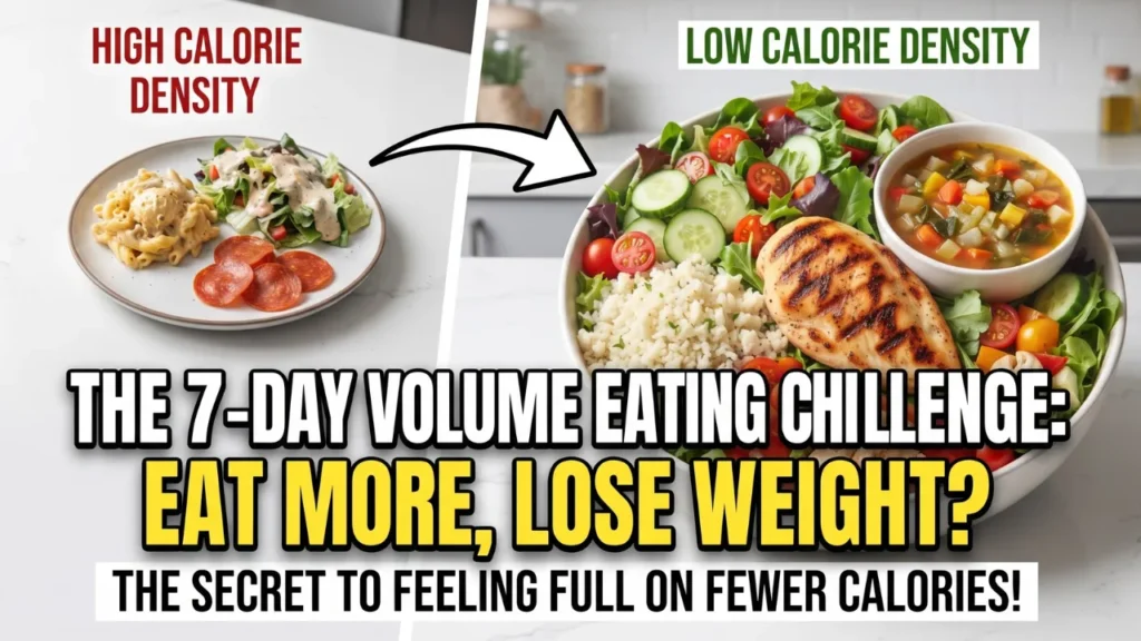 The 7-day volume eating challenge is a short-term dietary plan focusing on high-volume, low-calorie foods to promote satiety and weight loss. It contrasts a standard meal with a voluminous one, showing that you can eat more food for fewer calories by choosing the right ingredients.