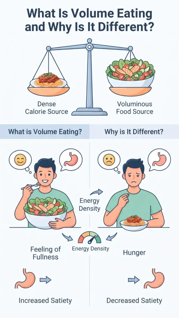 Infographic comparing volume eating with high-volume, low-calorie foods versus calorie-dense meals to explain fullness, energy density, and satiety.