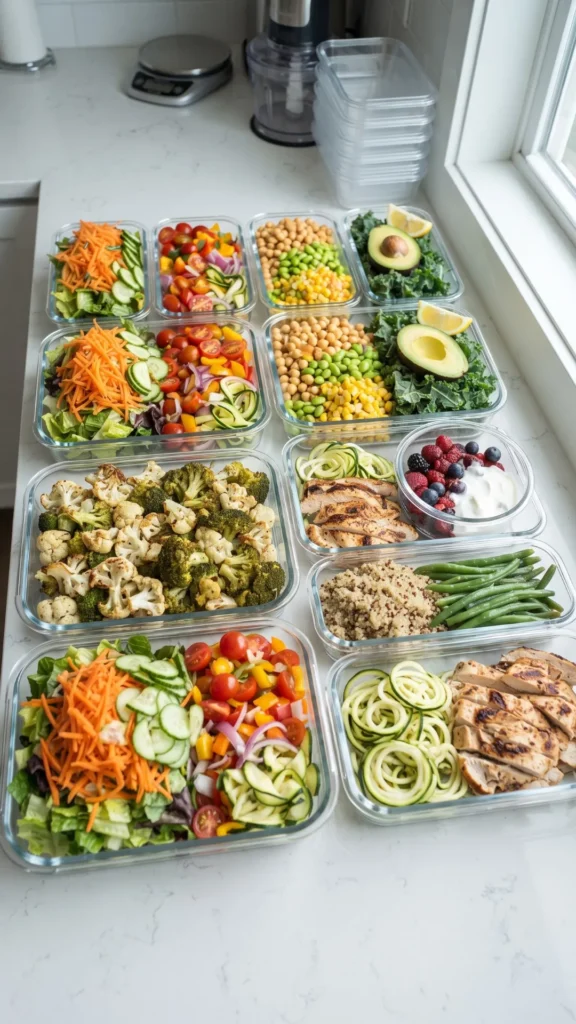 Glass meal prep containers filled with volume-eating foods like large salads, roasted vegetables, grilled chicken, and grains on a kitchen counter.