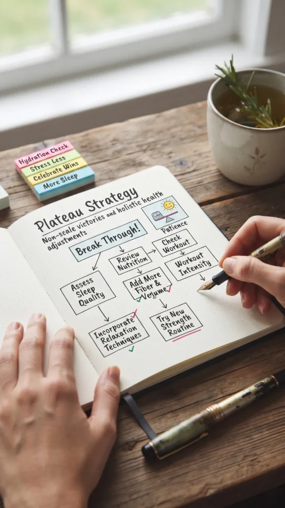 An open bullet journal on a rustic desk showing a handwritten "Plateau Strategy" flowchart with actionable, holistic steps like "Assess Sleep Quality" and "Try New Strength Routine,
