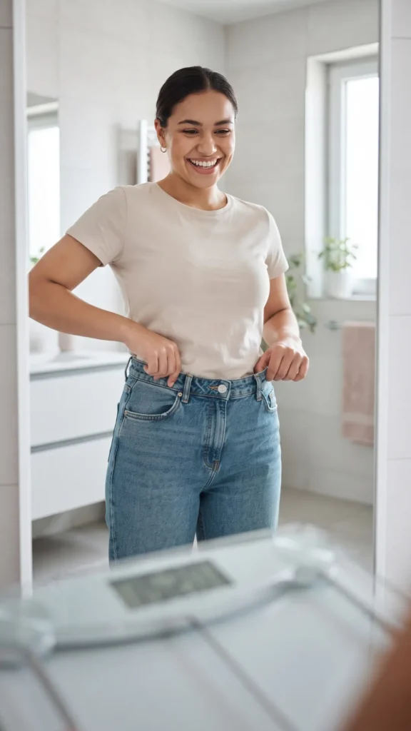 Woman smiling proudly in a mirror, pulling at the loose waistband of her jeans to show they no longer fit.