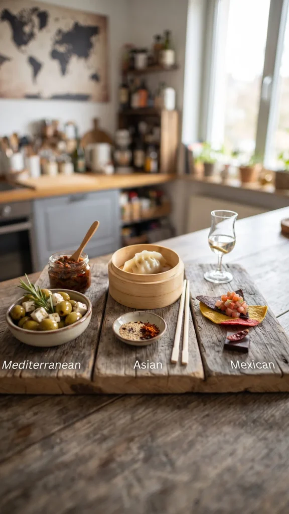 A rustic wooden serving board with three distinct food sections, labelled "Mediterranean", "Asian", and "Mexican", featuring olives and feta, a dumpling in a steamer, and a tortilla chip with salsa and chocolate, respectively. The board is set on a wooden table in a kitchen with a world map on the wall in the background.