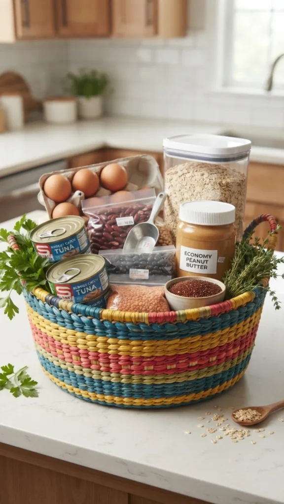 A colorful basket filled with budget-friendly high-protein staples like canned tuna, dried beans, peanut butter, and eggs on a kitchen counter.
