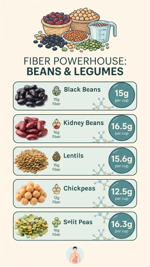 An infographic titled "FIBER POWERHOUSE: BEANS & LEGUMES" comparing the protein and fiber content per cup of various legumes.