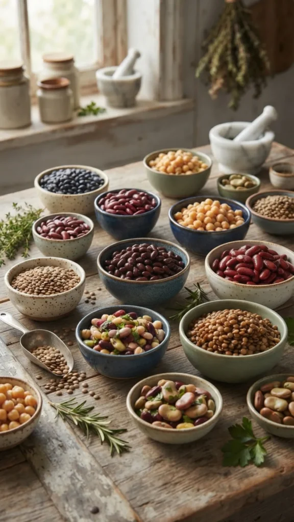 A variety of beans, lentils, and chickpeas in ceramic bowls arranged on a rustic wooden table.
