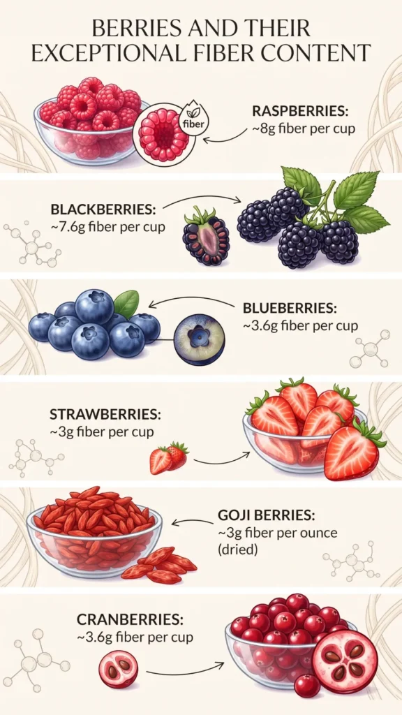 Infographic titled "BERRIES AND THEIR EXCEPTIONAL FIBER CONTENT" illustrating the fiber content per cup of raspberries, blackberries, blueberries, strawberries, goji berries, and cranberries.