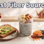 A YouTube thumbnail titled "Best Fiber Sources" showcasing a spread of high-fiber foods including berries, avocado toast, chia pudding, and legumes on a wooden counter.
