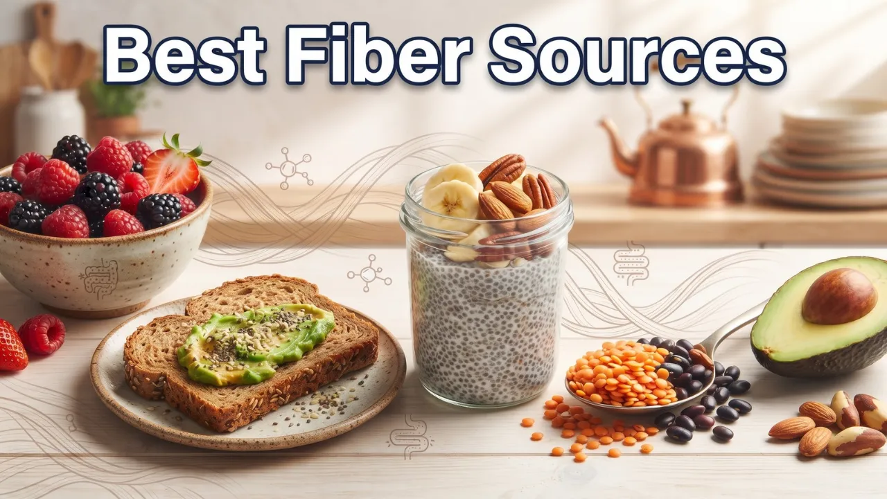 A YouTube thumbnail titled "Best Fiber Sources" showcasing a spread of high-fiber foods including berries, avocado toast, chia pudding, and legumes on a wooden counter.